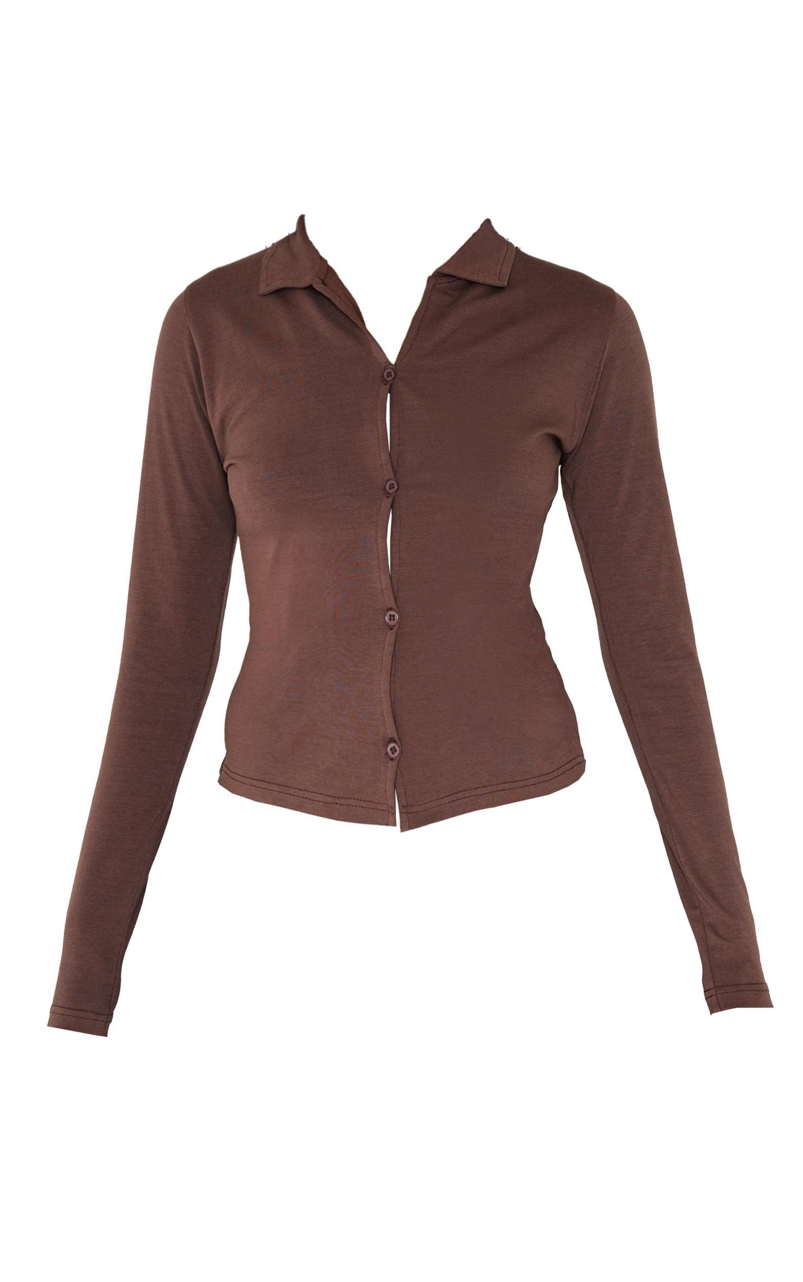  Chocolate Button Up Jersey Fitted Top Product Image