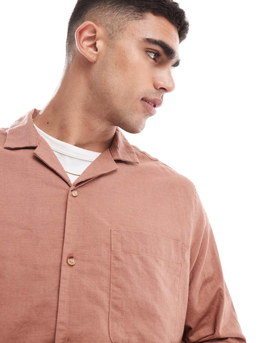 ASOS DESIGN relaxed linen blend shirt with revere collar in rust brown Product Image