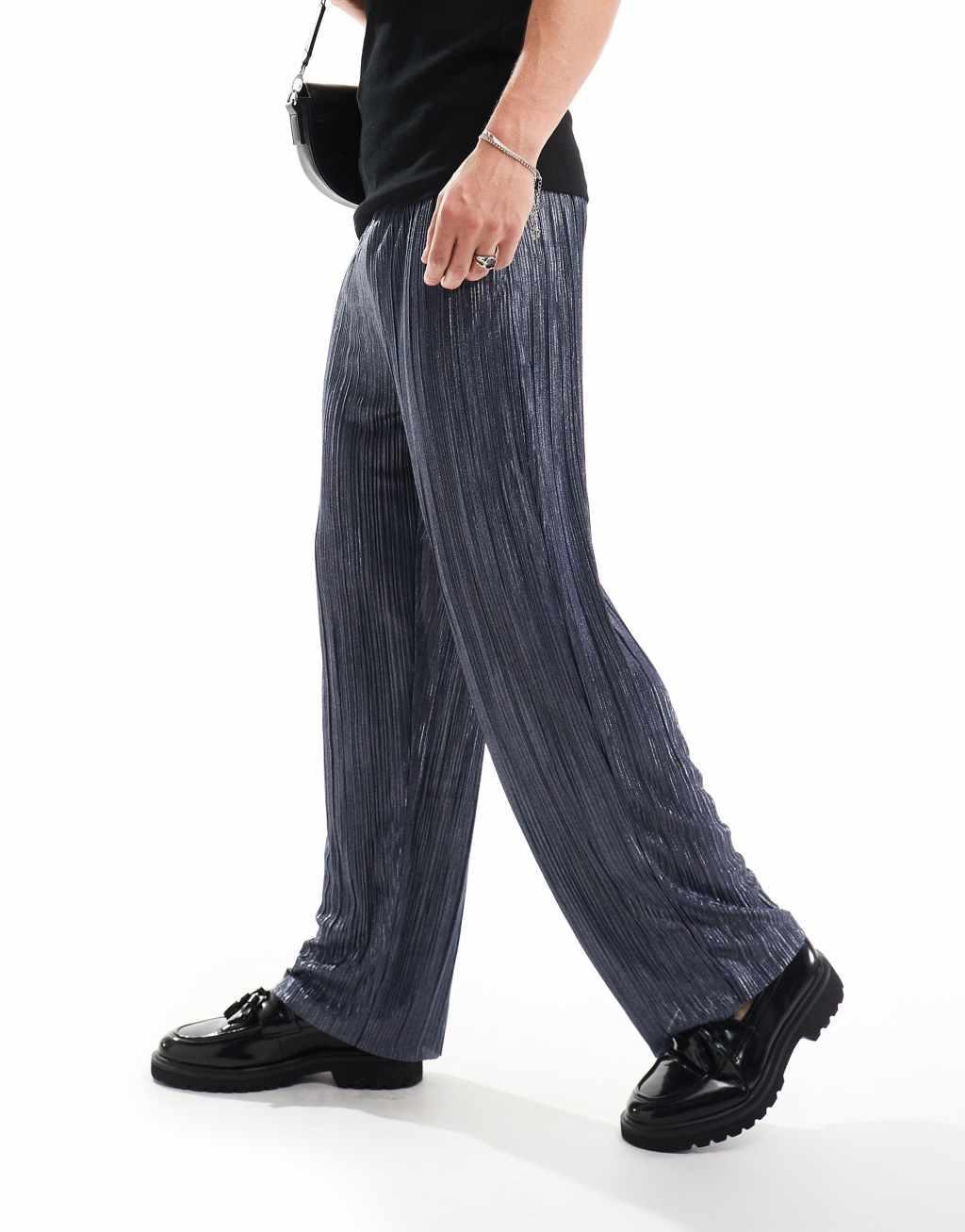 ASOS DESIGN smart tapered pants in blue metallic plisse Product Image