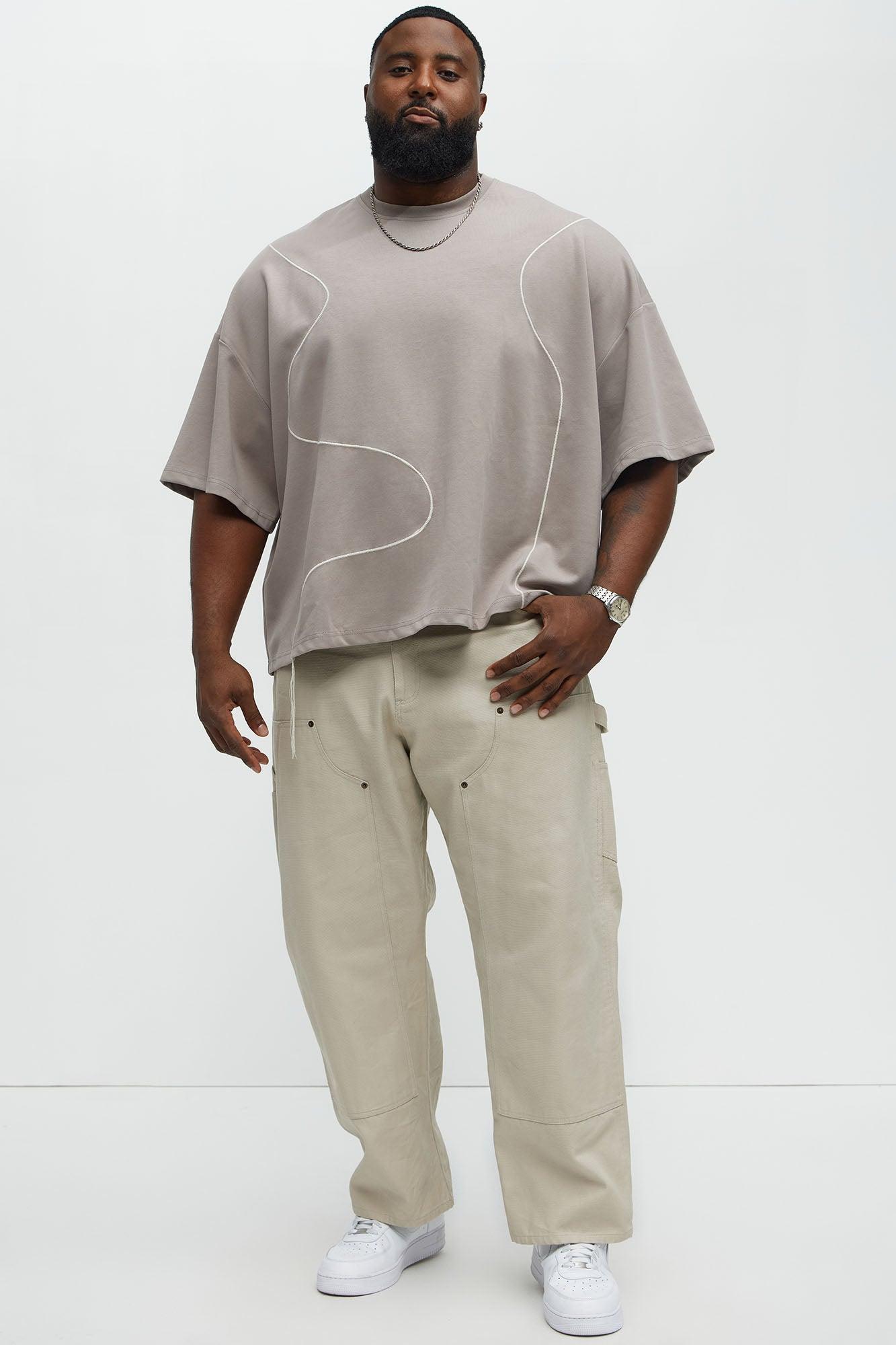 Vertical Wavy Contrast Stitch Boxy Cropped Tee - Taupe Product Image