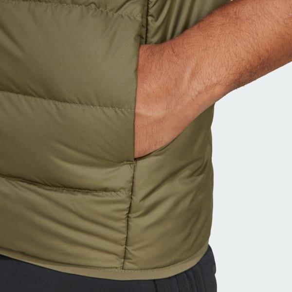 adidas Essentials 3-Stripes Light Down Vest Olive Strata XL Mens Product Image