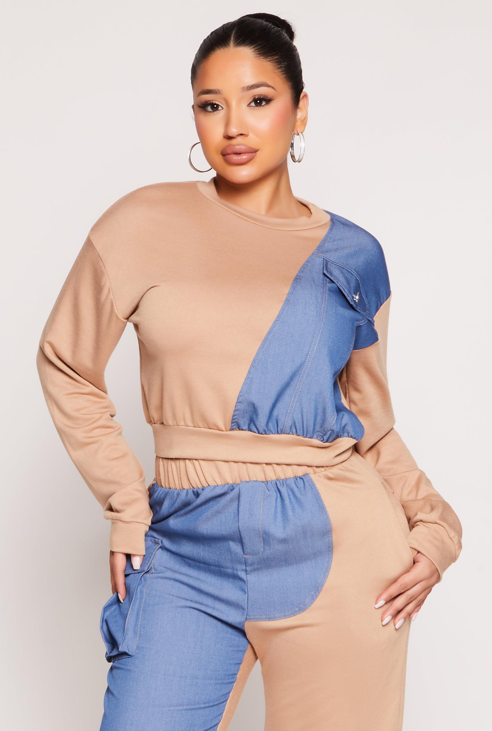 Womens Chambray Color Block Pullover Sweatshirt Product Image
