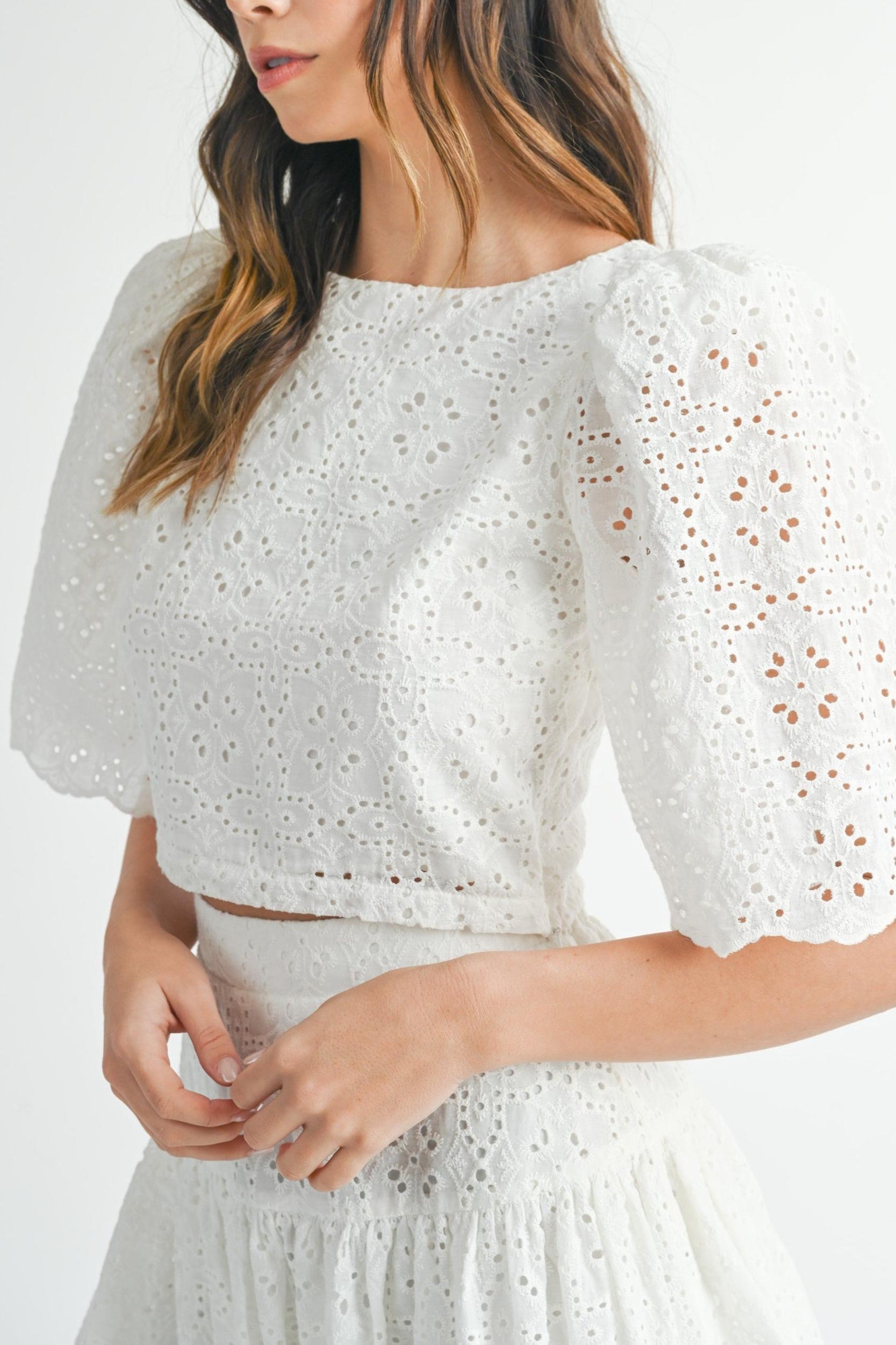 Eyelet Lace Puff Sleeve Crop Top & Skirt Set Product Image