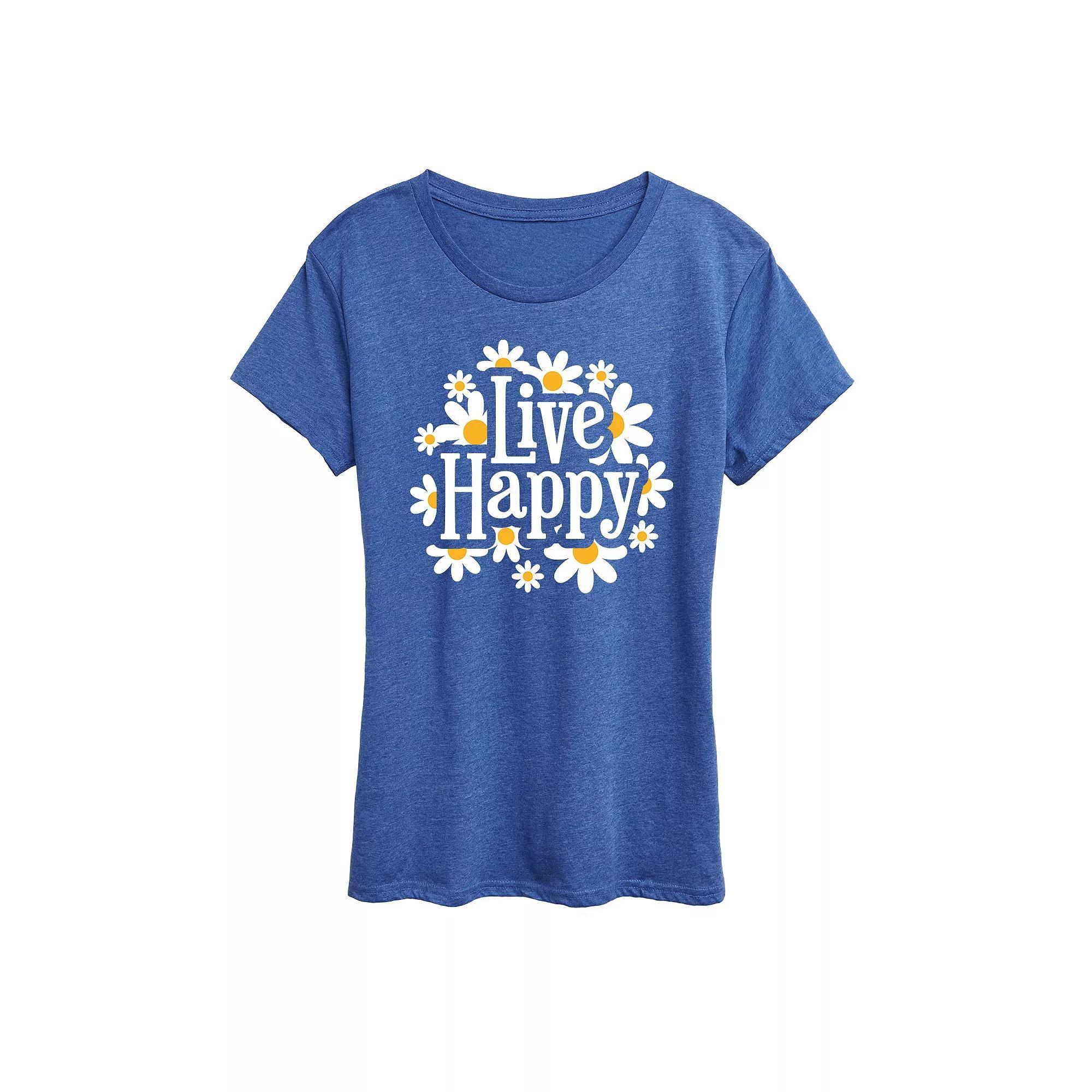 Womens Live Happy Daisies Graphic Tee Grey Royal Blue Product Image