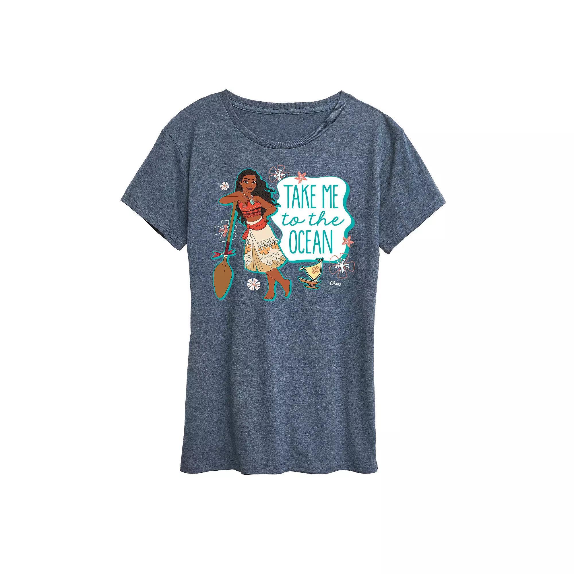 Disney Princess Moana Womens Ocean Graphic Tee, Girls Grey Blue Product Image