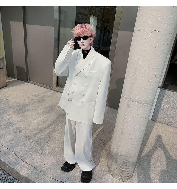 Set: Double Breasted Plain Blazer + High Waist Wide Leg Dress Pants Product Image