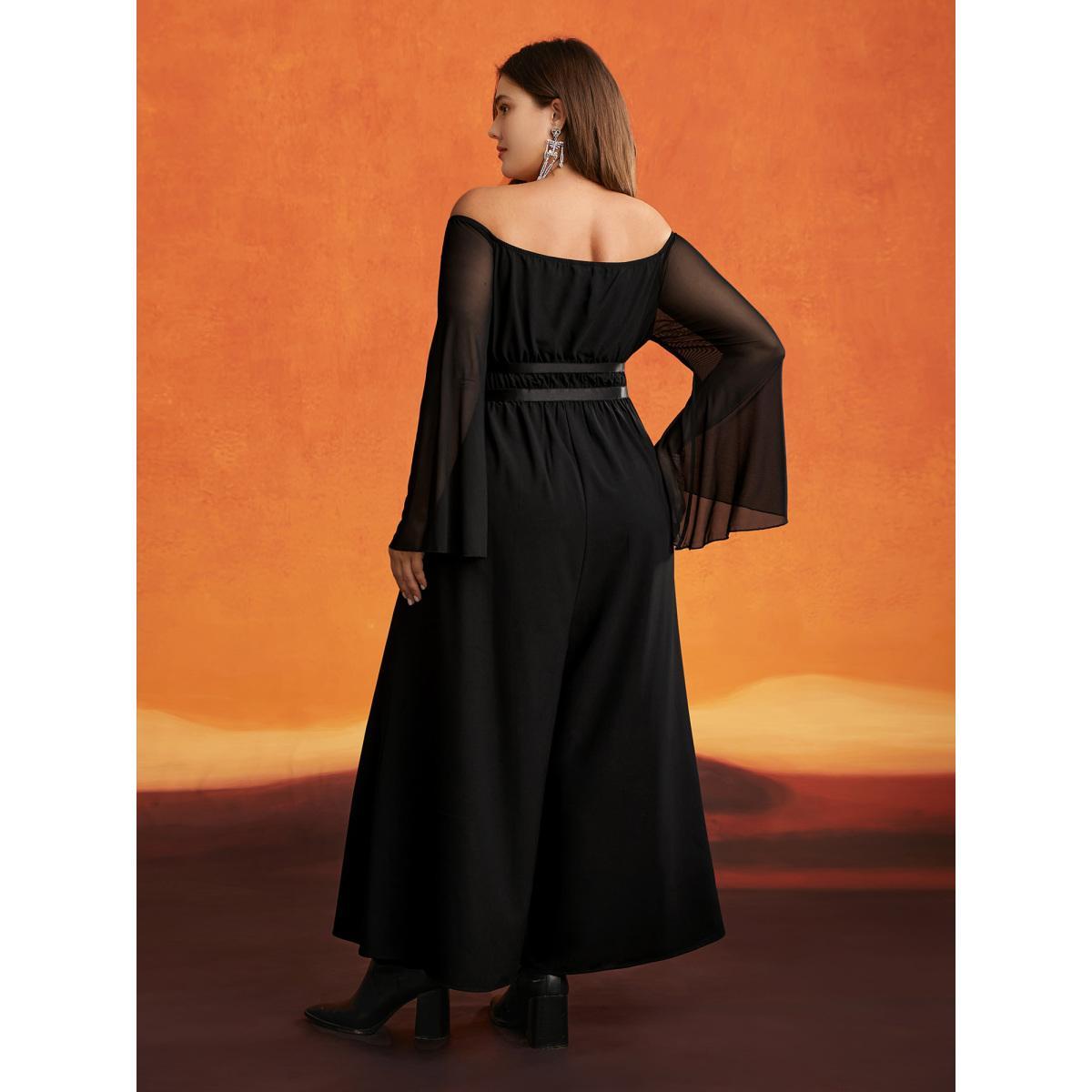 Plus Size Black Wicked Witch Leather Belt Off-Shoulder Jumpsuit Women Cocktail Extra Long Sleeve One-shoulder neck Party Loose Jumpsuits BloomChic 10/M Product Image