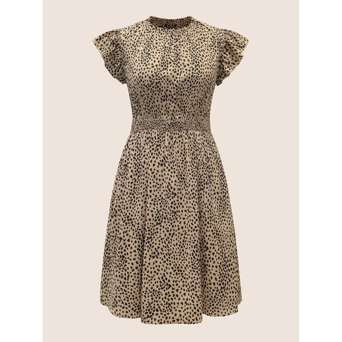 Plus Size Leopard Print Frill Trim Cap Sleeve Dress Bronze Women At the Office Round Neck Cap Sleeve Curvy BloomChic 22-24/3X Product Image