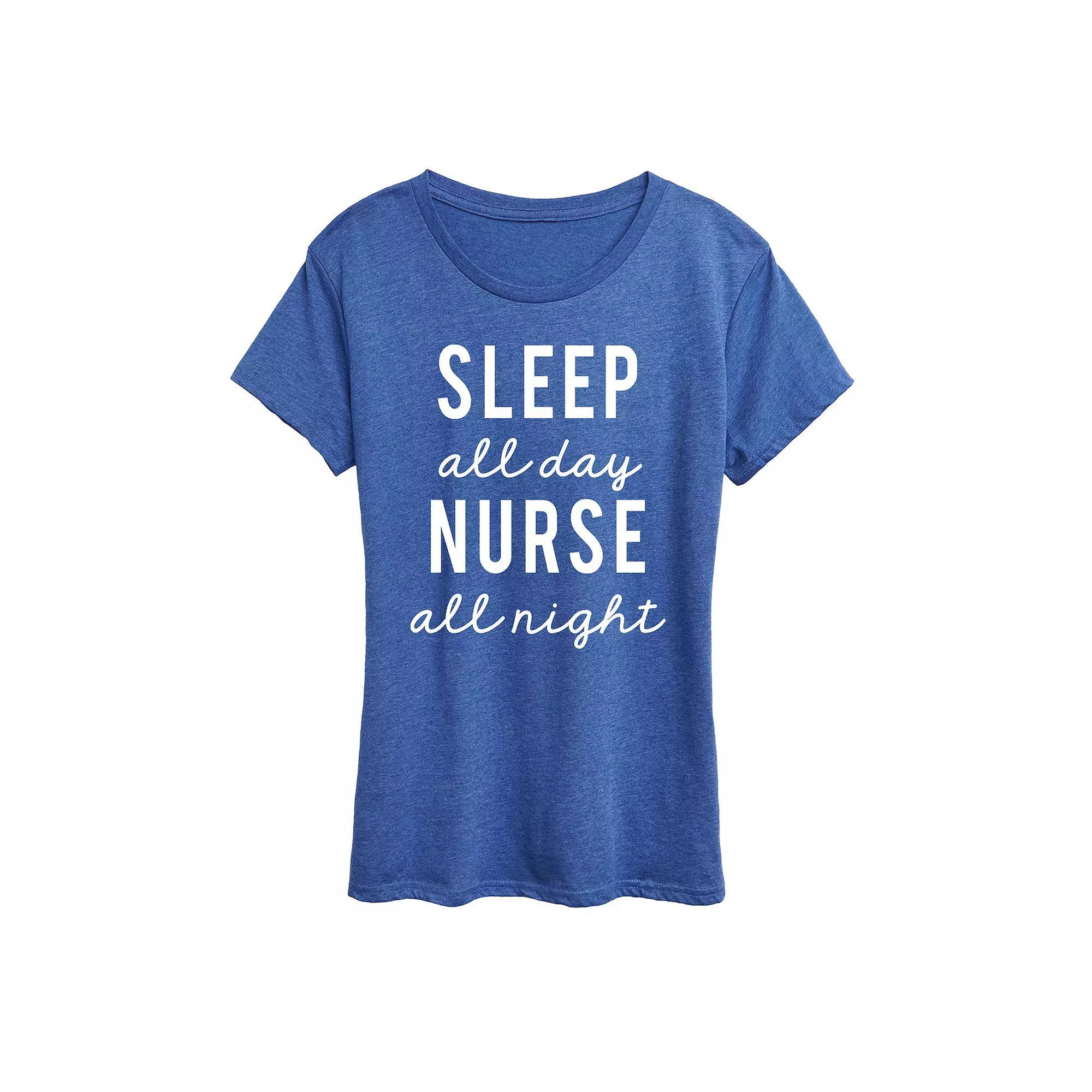 Womens Sleep All Day Nurse All Night Graphic Tee, Girls Grey Blue Product Image