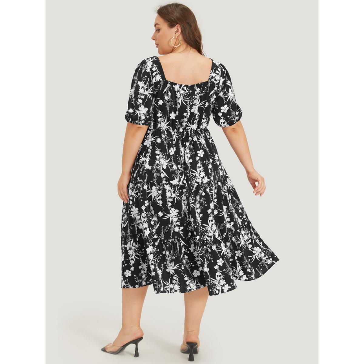 Plus Size Floral Puff Sleeve Pocket Ruched Drawstring Ruffle Dress BlackFlower Women Elegant Lined Square Neck Short sleeve Curvy Midi Dress BloomChic 12/L Product Image