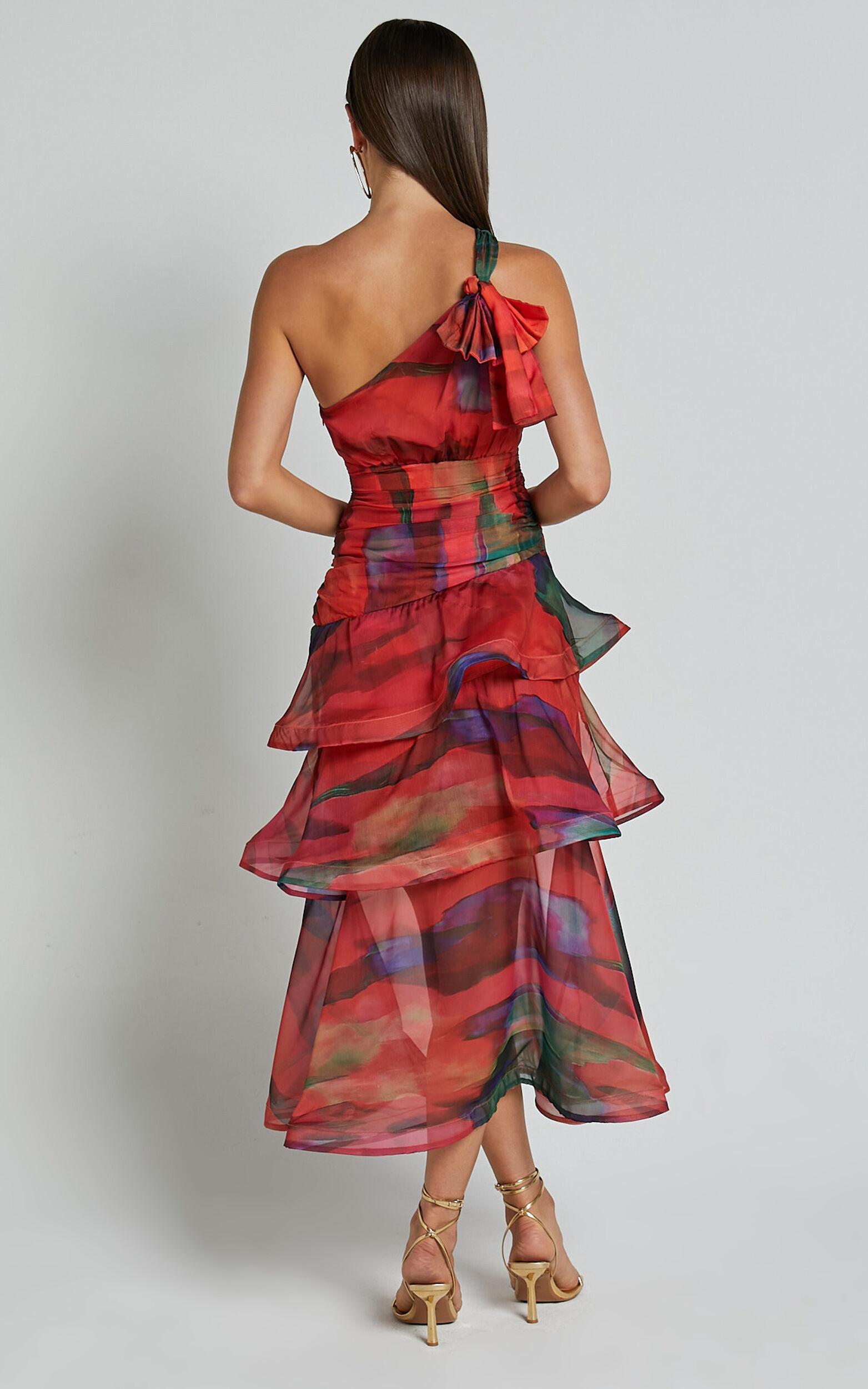 Chelsea Midi Dress - One Shoulder Tie Strap Layered Dress in Print Product Image