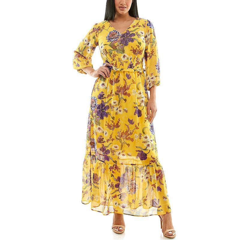 Women's Nina Leonard Chiffon Printed Maxi Dress, Size: Small, Red Team Product Image