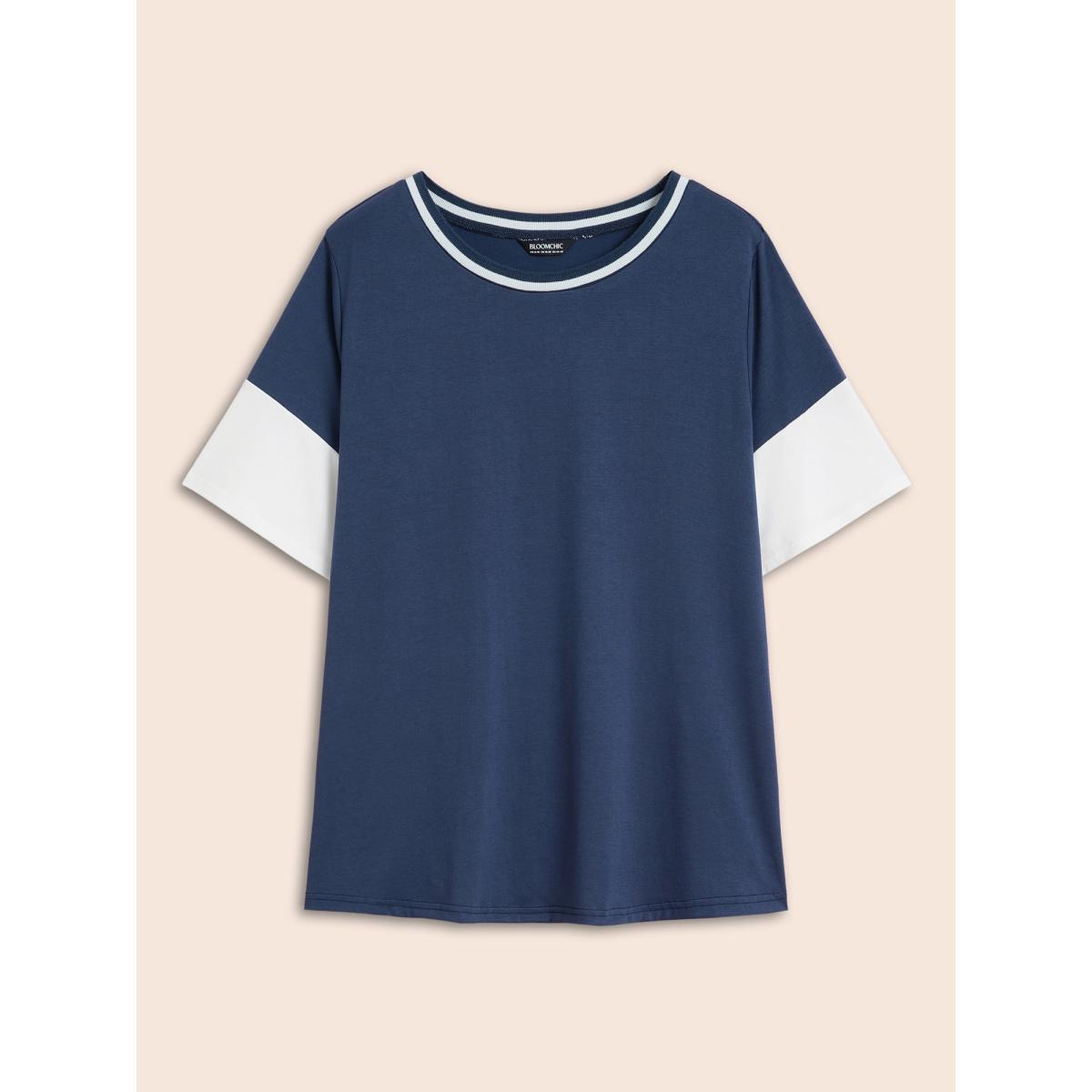 Plus Size Round Neck Contrast Patchwork T-shirt Indigo Women Casual Contrast Round Neck Everyday T-shirts BloomChic 10/M Product Image