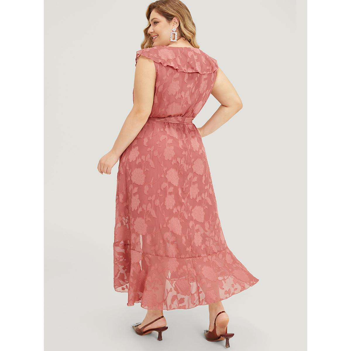 Plus Size Floral Print Ruffle Trim Wrap Belted Asymmetrical Tank Dress DustyPink Women Glamour Lined V-neck Sleeveless Curvy Midi Dress BloomChic 10/M Product Image