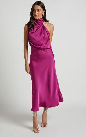 Minnie Midi Dress - Drape Neck Satin Slip Dress in Purple Product Image
