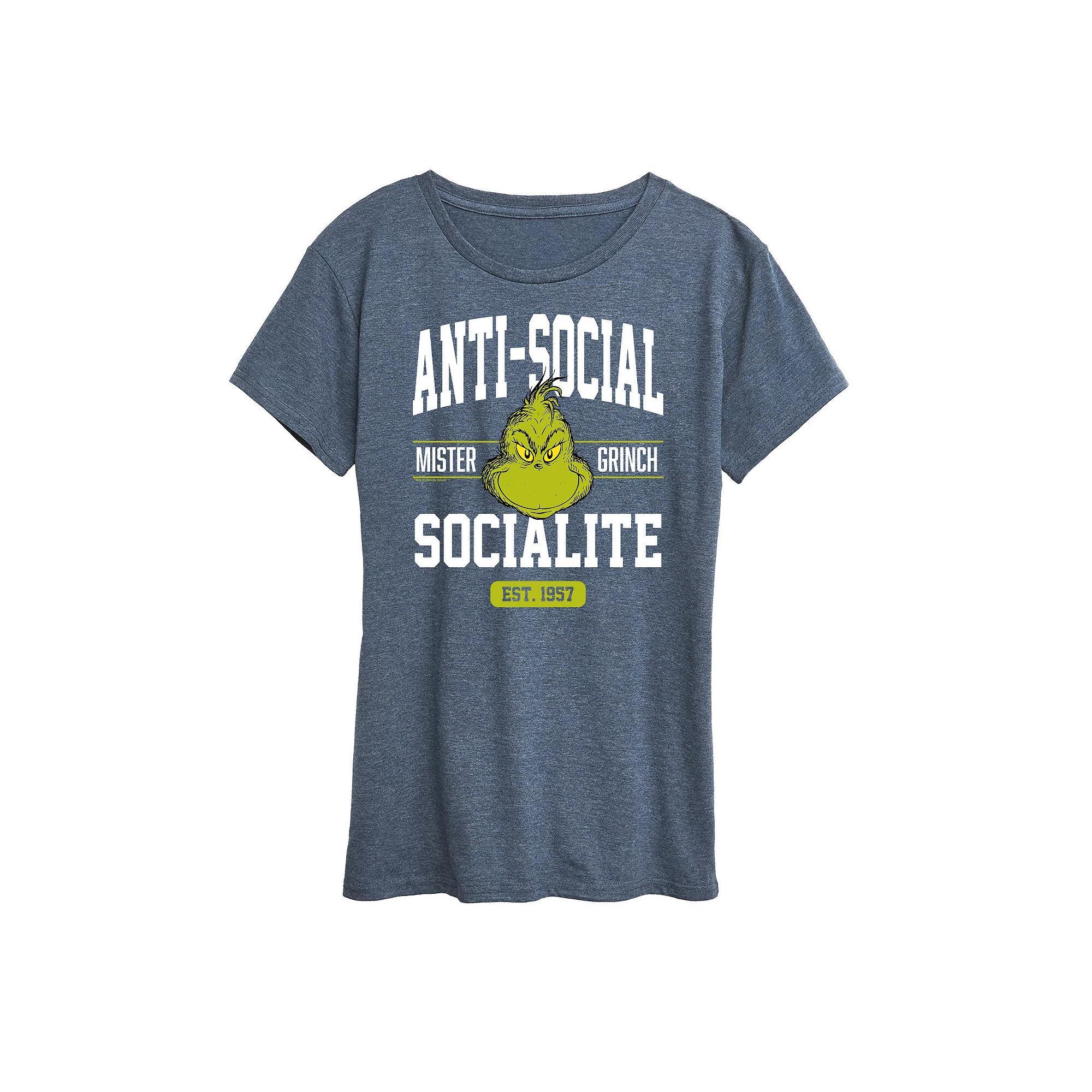 Women's Dr. Seuss The Grinch Anti Social Socialite Graphic Tee, Girl's, Size: XL, Grey Blue Product Image