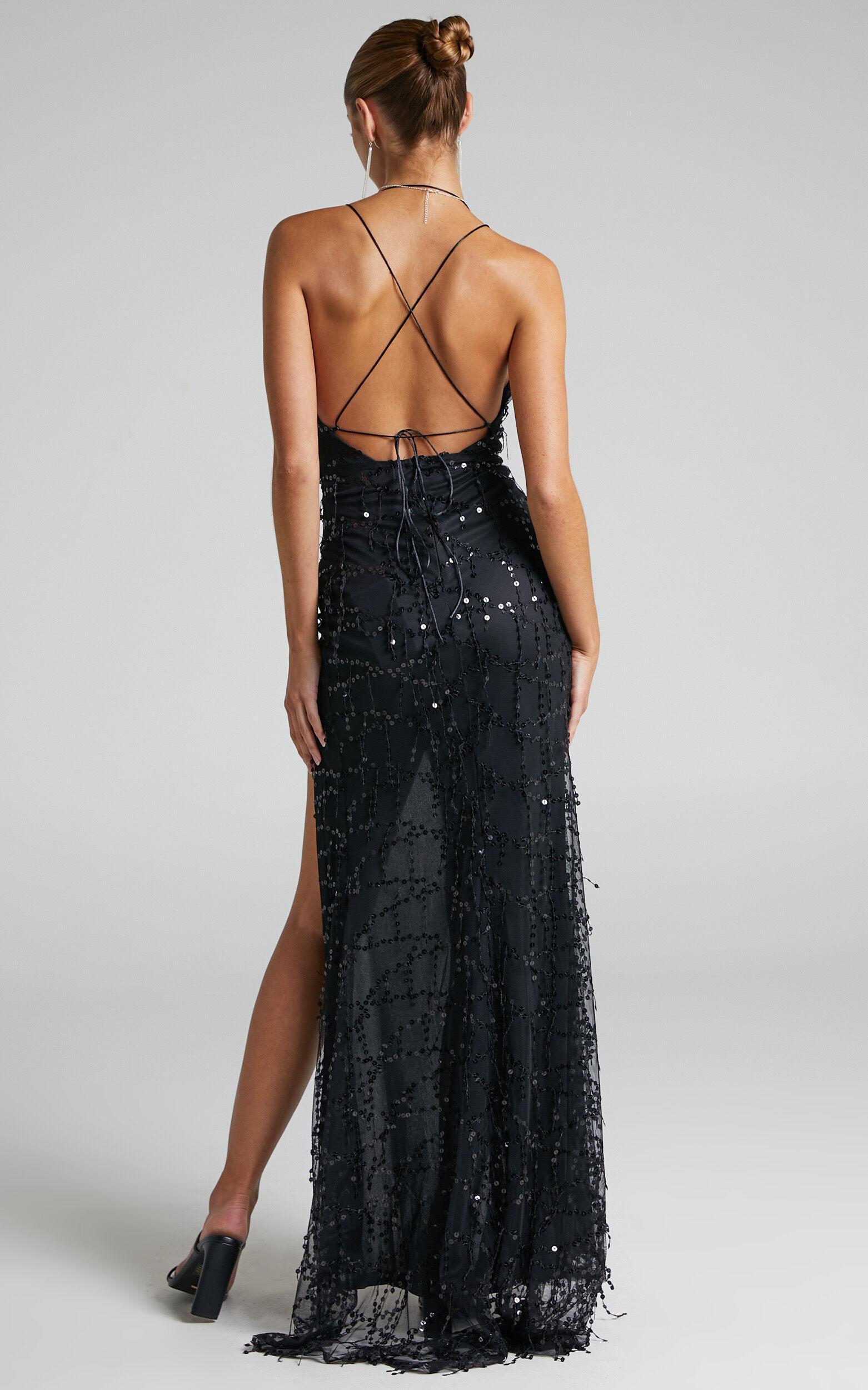 Maieth Maxi Dress - Drape Sequin Halter Cross Back Dress in Black Product Image