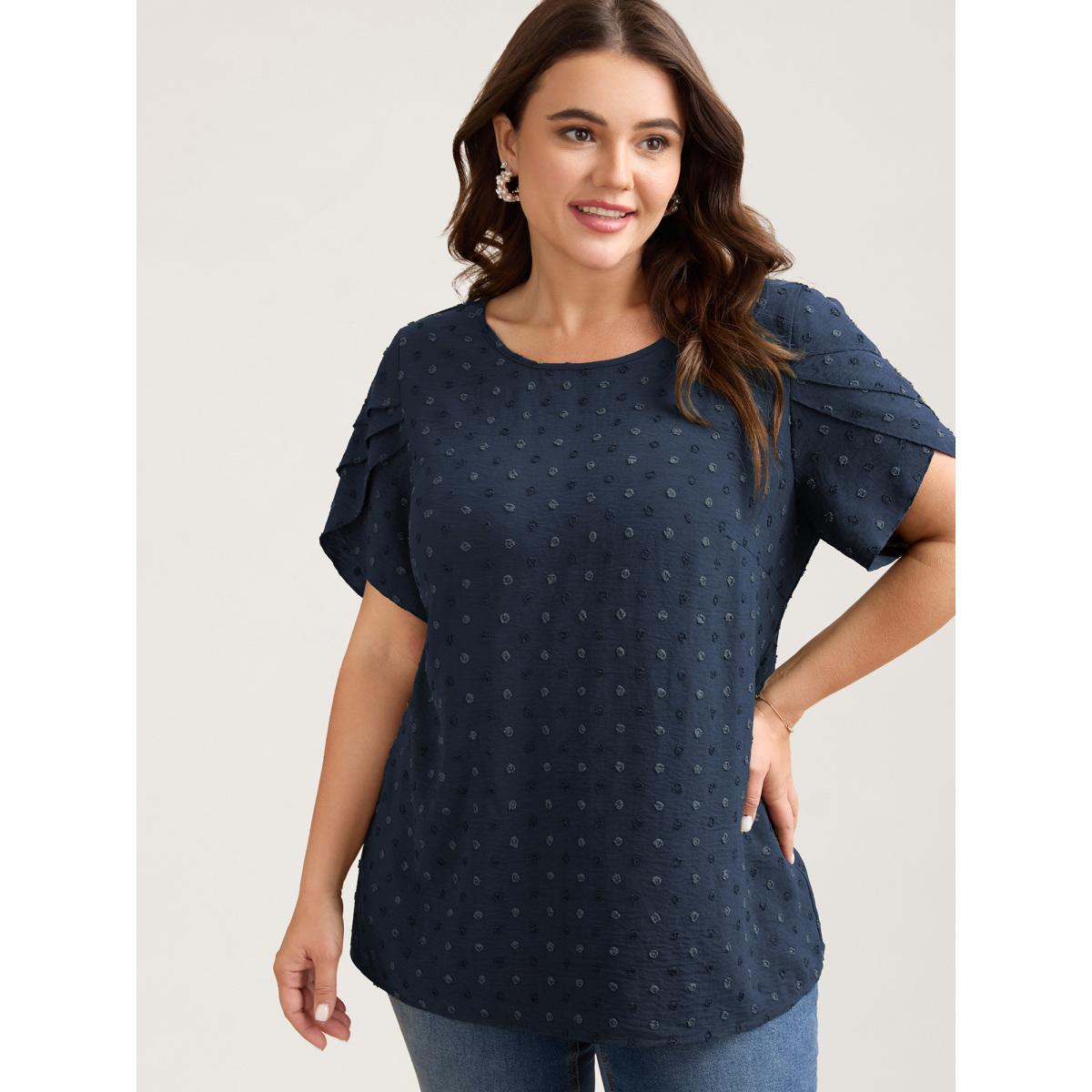 Plus Size Burgundy Textured Color Contrast Petal Sleeve Blouse Women Elegant Short sleeve Round Neck Everyday Blouses BloomChic 18-20/2X Product Image