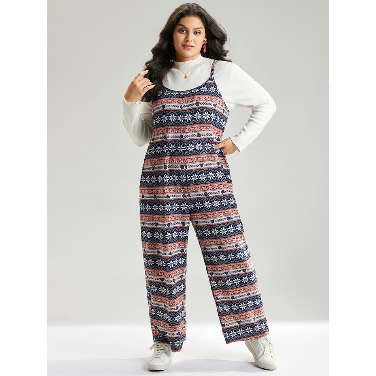 Plus Size DarkBlue Snowflake Graphic Pocket Overall Cami Jumpsuit Women Elegant Sleeveless Spaghetti Strap Dailywear Loose Jumpsuits BloomChic 12/L Product Image