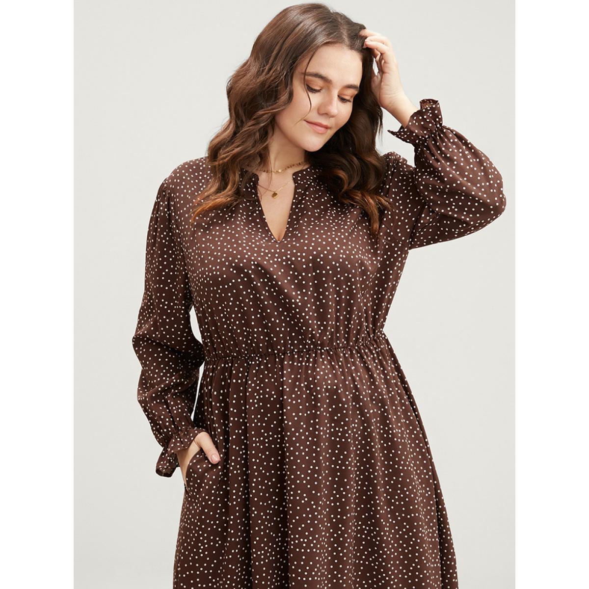 Plus Size Polka Dot Pocket Lantern Sleeve Flutter Hem Dress DarkBrown Women Elegant Pocket V-neck Long Sleeve Curvy Midi Dress BloomChic 22-24/3X Product Image