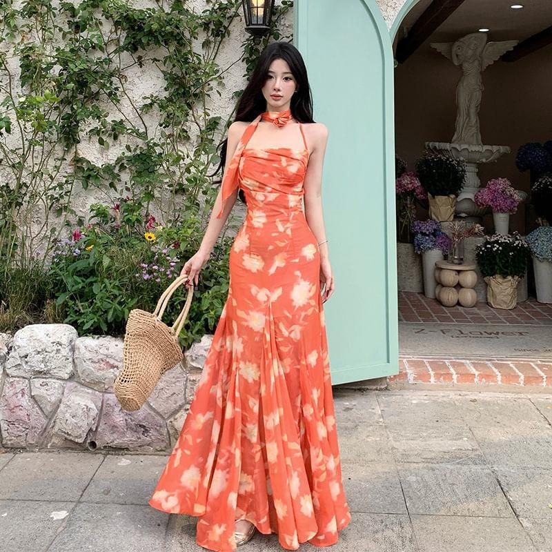 Halter Floral Open Back Maxi A-Line Sundress Product Image