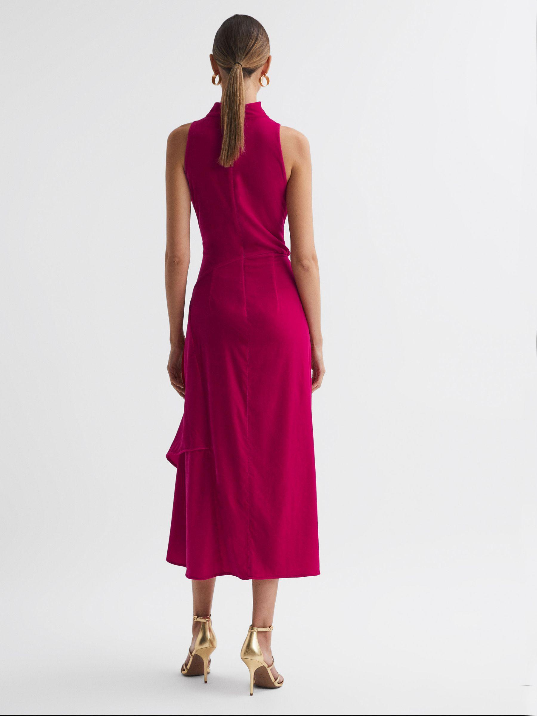 Velvet Funnel Neck Asymmetric Midi Dress in Pink Product Image