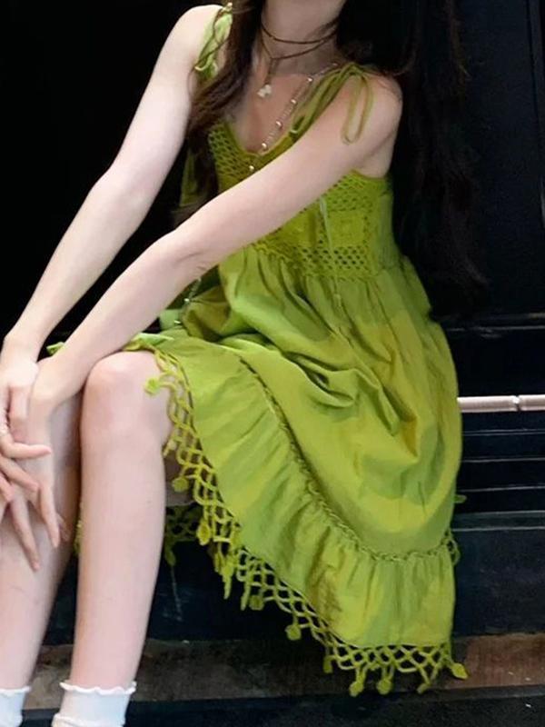 Bohemian Green Tassel Suspender Belt Mini Dress Product Image