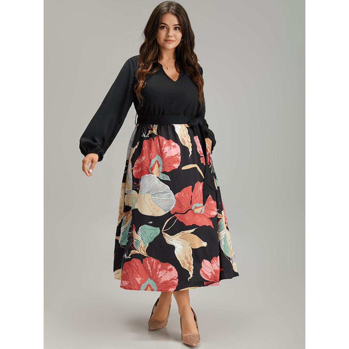 Plus Size Floral Print Patchwork Notched Belted Dress Black Women Elegant Elastic cuffs Notched collar Long Sleeve Curvy Midi Dress BloomChic 14-16/1X Product Image