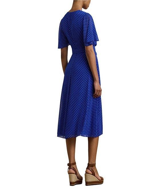 Lauren Ralph Lauren Polka Dotted Crinkle Georgette Surplice V-Neck Flutter Sleeve Faux Wrap Dress Product Image