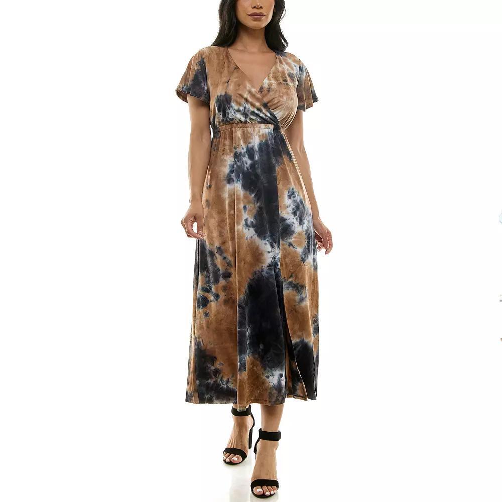 Women's Nina Leonard Tie Dye Print Flutter Sleeve V-Neck Maxi Dress, Size: Small, Grey Team Product Image
