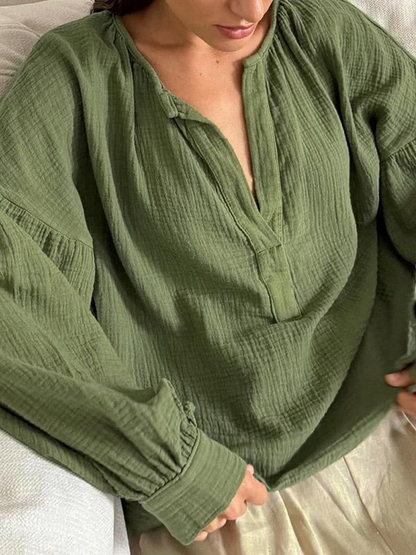 Loose Puff Sleeves Pleated Solid Color Split-Joint V-Neck Blouses&Shirts Tops Product Image