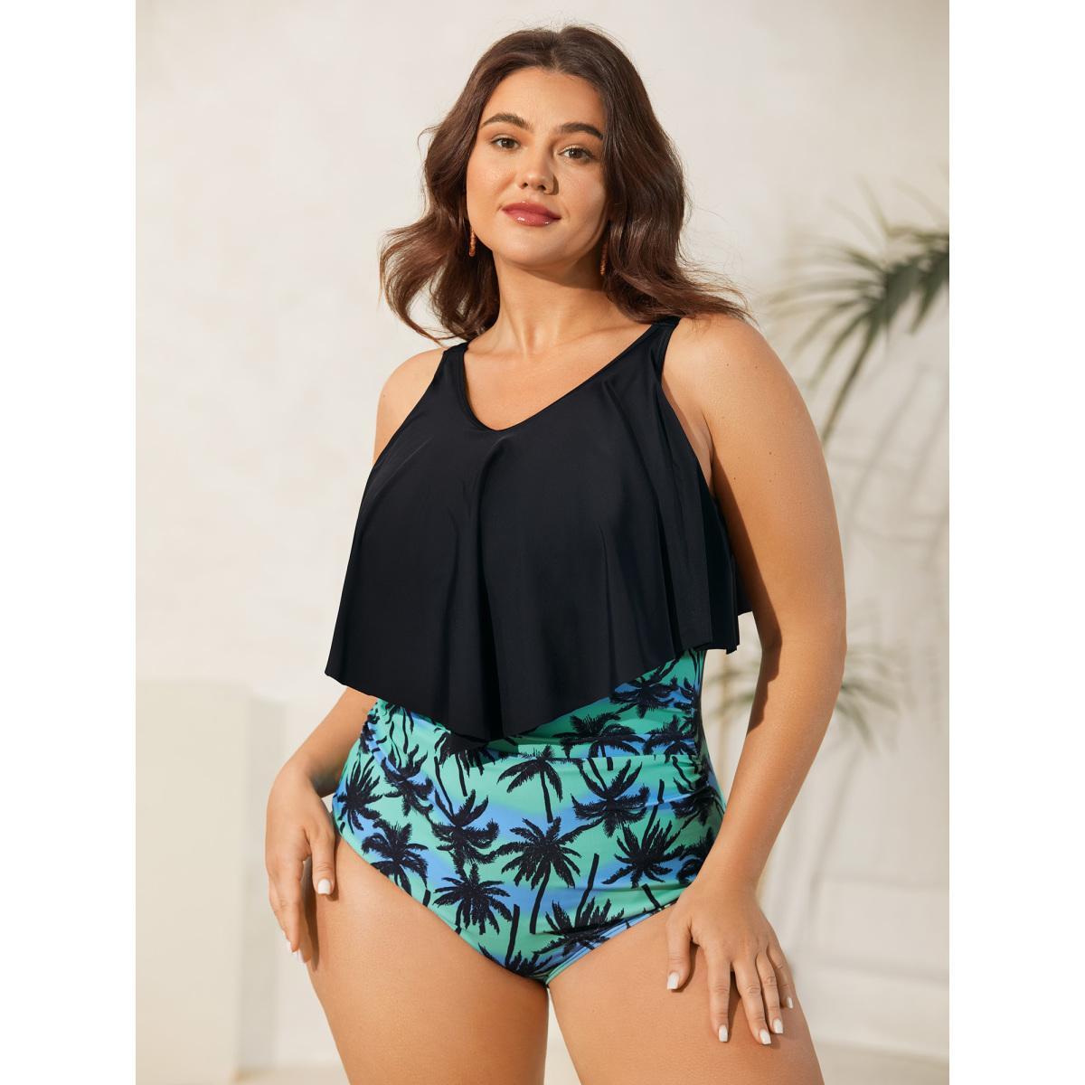 Plus Size Plain Tropical Pattern Layered One-Piece Swimsuit Women's Swimwear Black Beach Tiered Curve Bathing Suits High stretch One Pieces BloomChic 28/5X Product Image