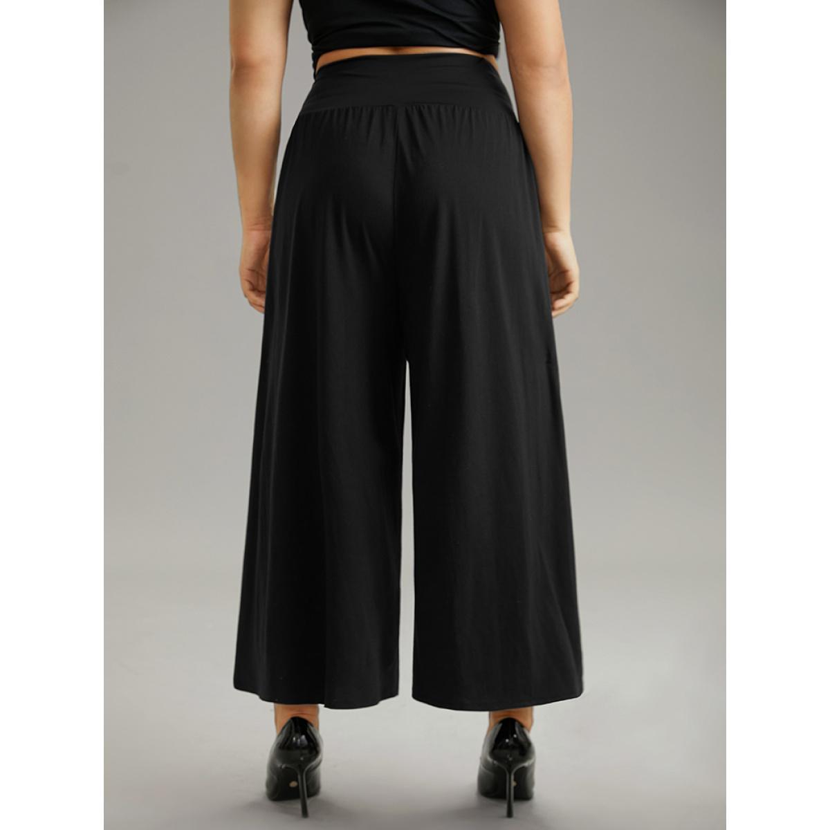 Plus Size Plain Wrap Hem Wideband Waist Wide Leg Pants Women Black Casual Wide Leg High Rise Dailywear Pants BloomChic 22-24/3X Product Image