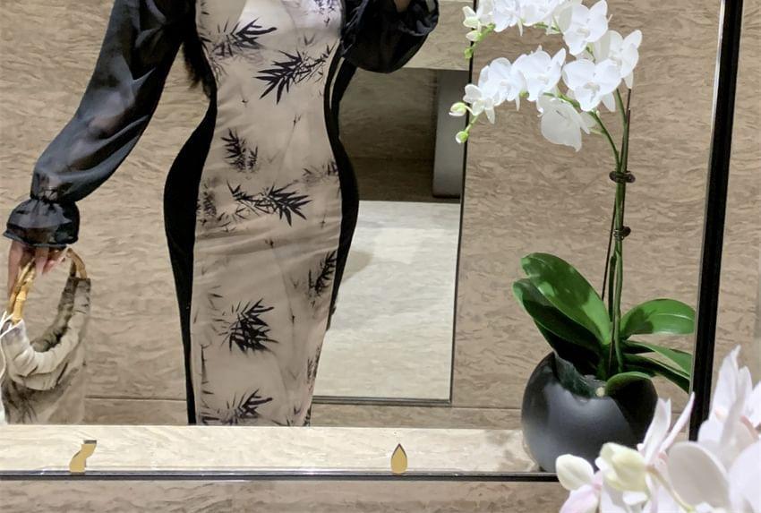 Long-Sleeve Halter-Neck Bamboo Print Frog Buttoned Midi Mermaid Dress Product Image