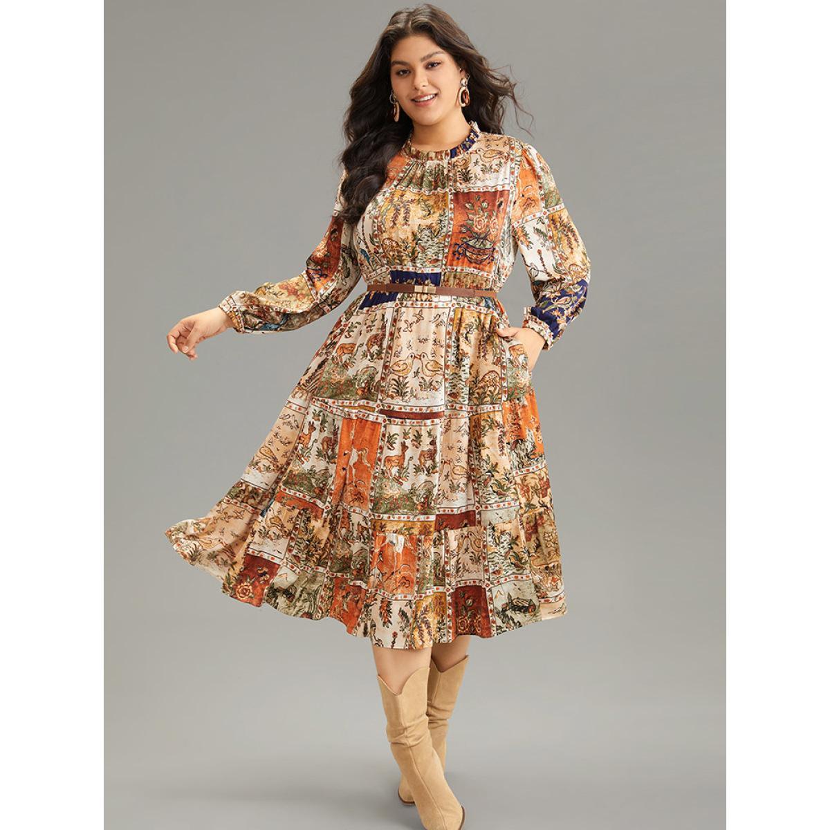 Plus Size Boho Print Stand Collar Pleated Lantern Sleeve Dress Chocolate Women Vacation Elastic cuffs Stand-up collar Long Sleeve Curvy Midi Dress BloomChic 28/5X Product Image