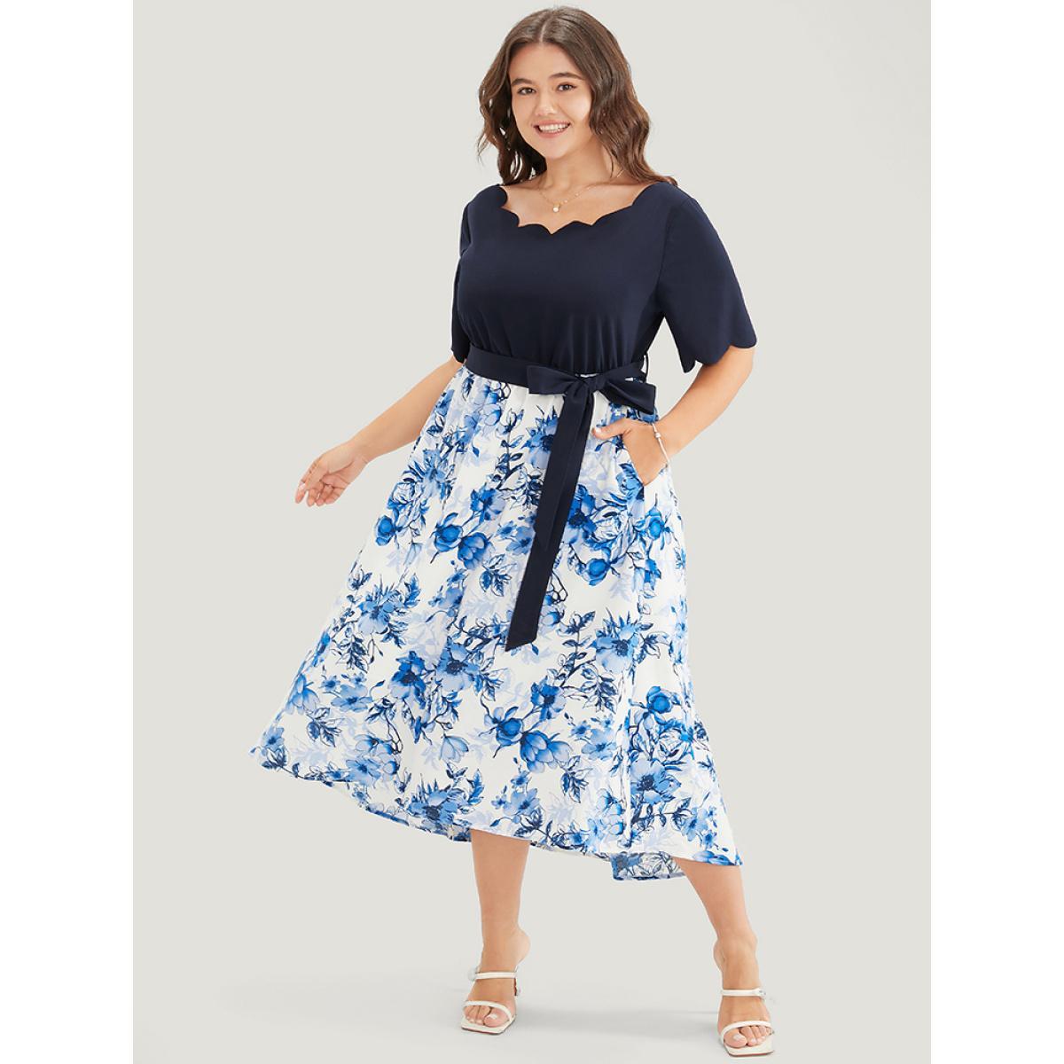 Plus Size Floral Patchwork Pocket Scalloped Trim Ruffle Hem Dress LightBlue Women Elegant Patchwork Round Neck Short sleeve Curvy Midi Dress BloomChic 26/4X Product Image