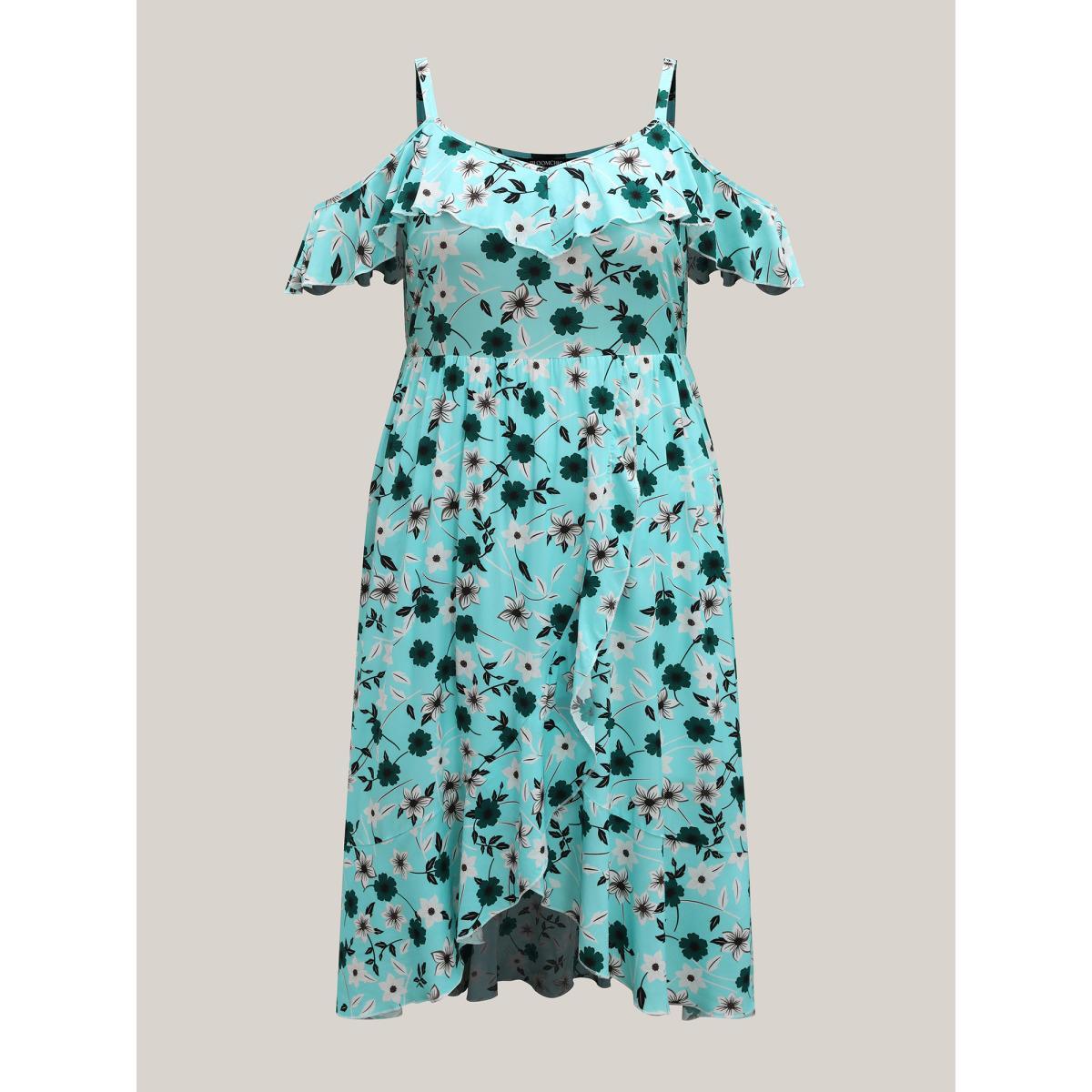 Plus Size Off-Shoulder Floral Print Adjustable Midi Dress Turquoise Women Non Sleeveless Curvy BloomChic 30/6X Product Image