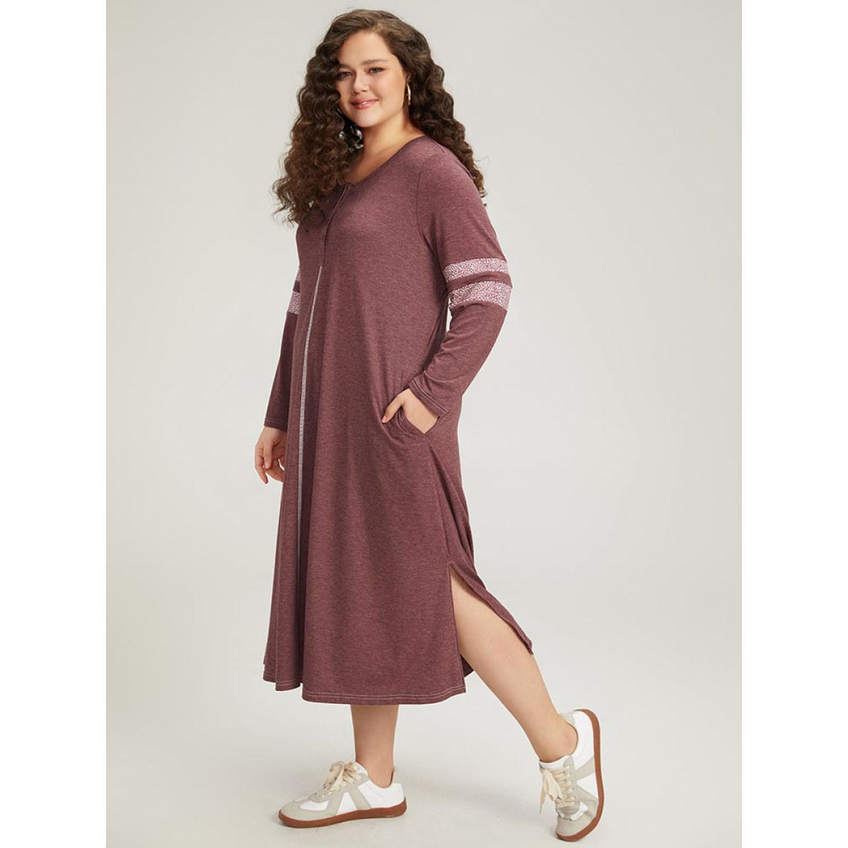 Plus Size Supersoft Essentials Leopard Print Patchwork Stitch Pocket Button Up Split Hem Dress Burgundy Women Casual Patchwork Round Neck Long Sleeve Curvy Midi Dress BloomChic 10/M Product Image
