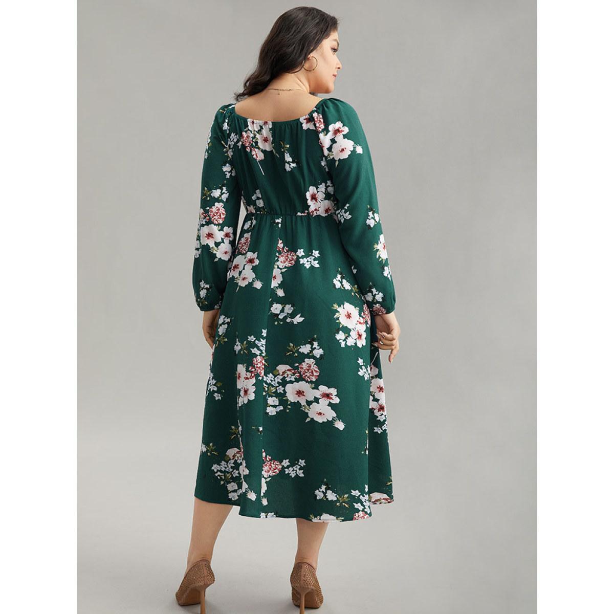 Plus Size Floral Print Split Hem Pocket Shirred Dress DarkGreen Women Elegant Elastic cuffs Square Neck Long Sleeve Curvy Midi Dress BloomChic 18-20/2X Product Image