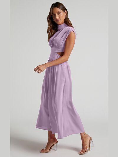 Cutout Mock Neck Sleeveless Ruched Dress Product Image