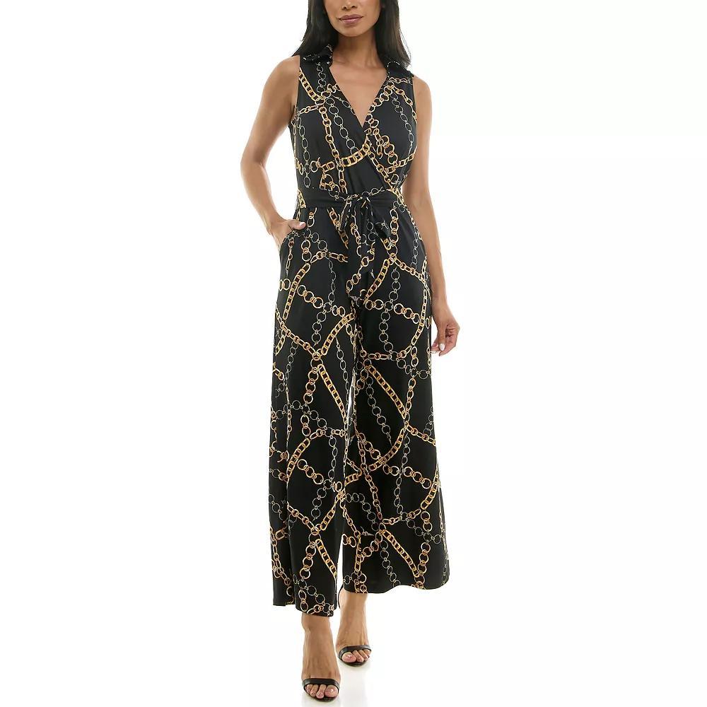 Womens Nina Leonard Print Collared Sleeveless Surplice Wide-Leg Jumpsuit Product Image