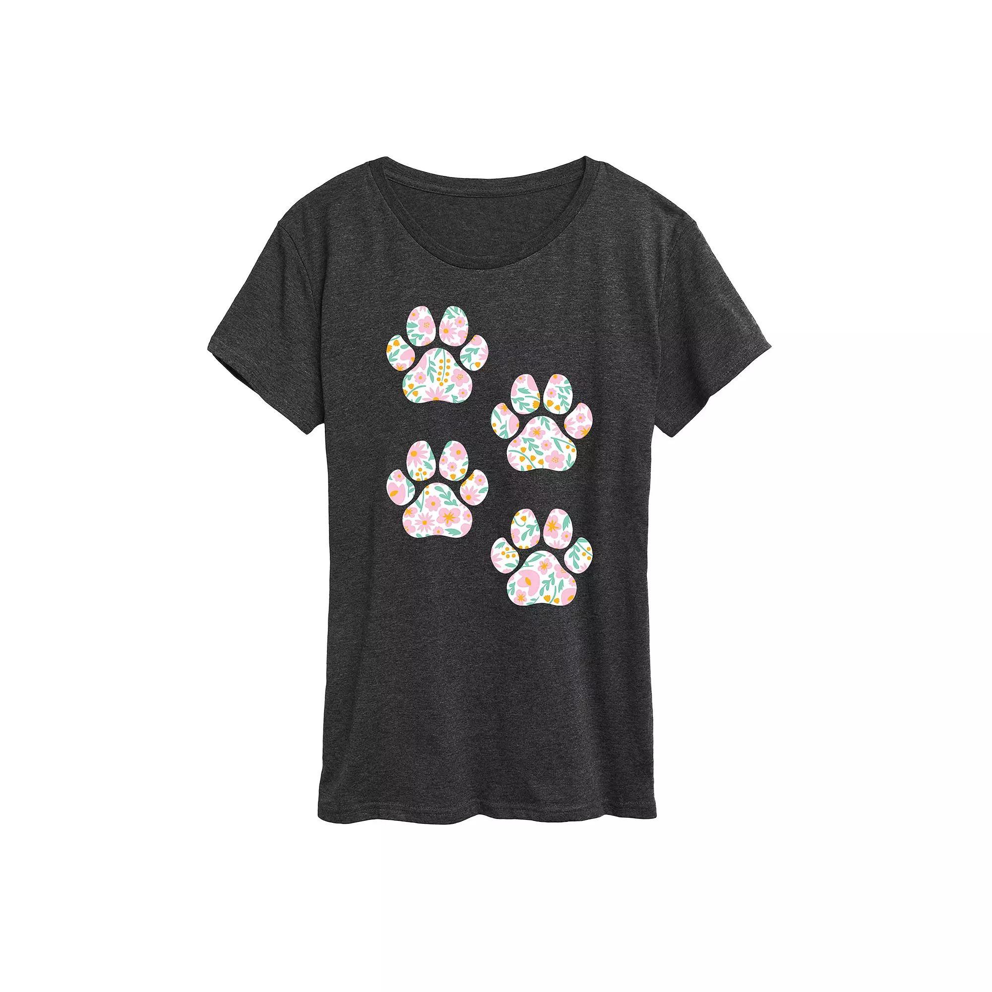 Womens Floral Dog Paw Prints Graphic Tee Heather Grey Product Image