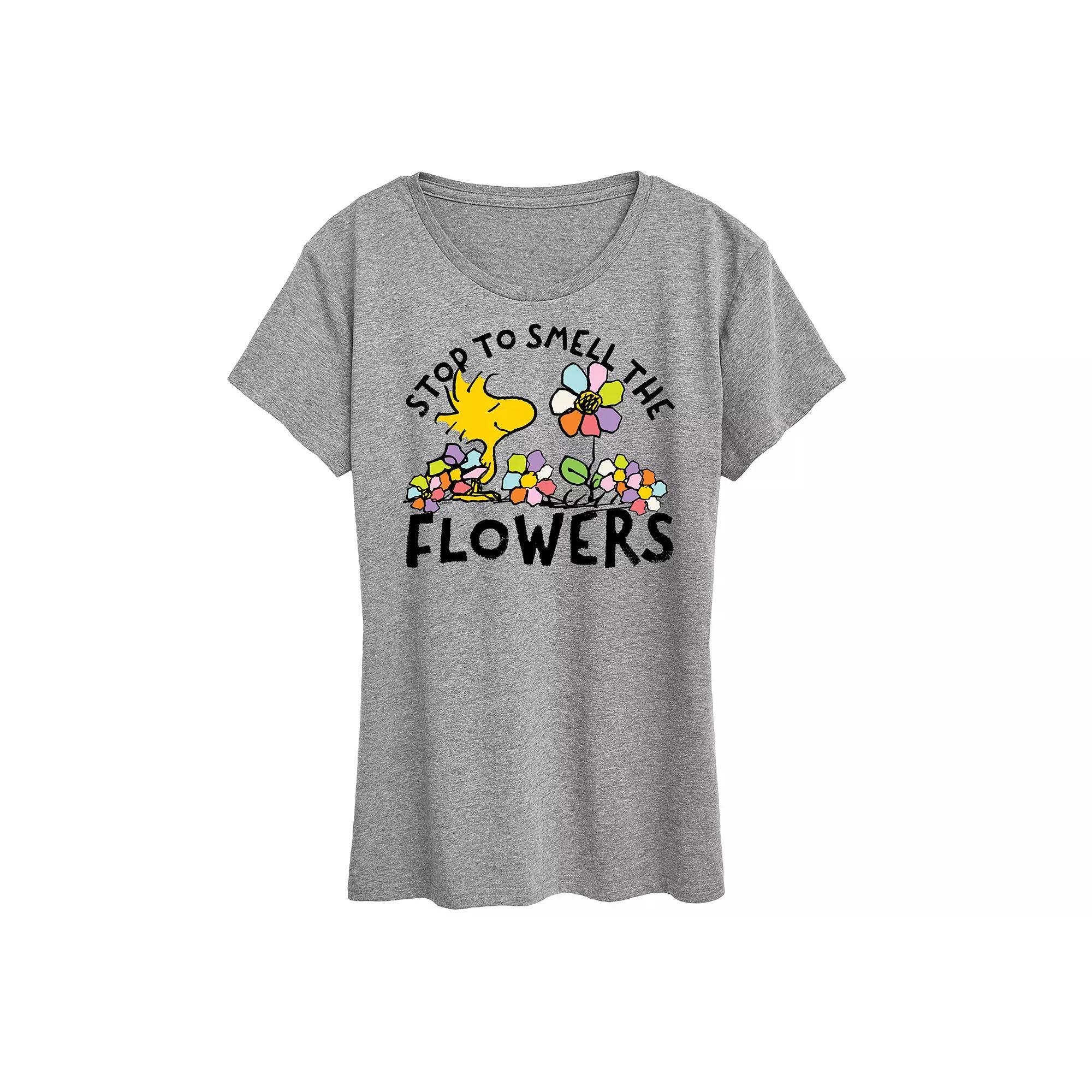 Womens Peanuts Woodstock Smell The Flowers Graphic Tee Grey Gray Product Image