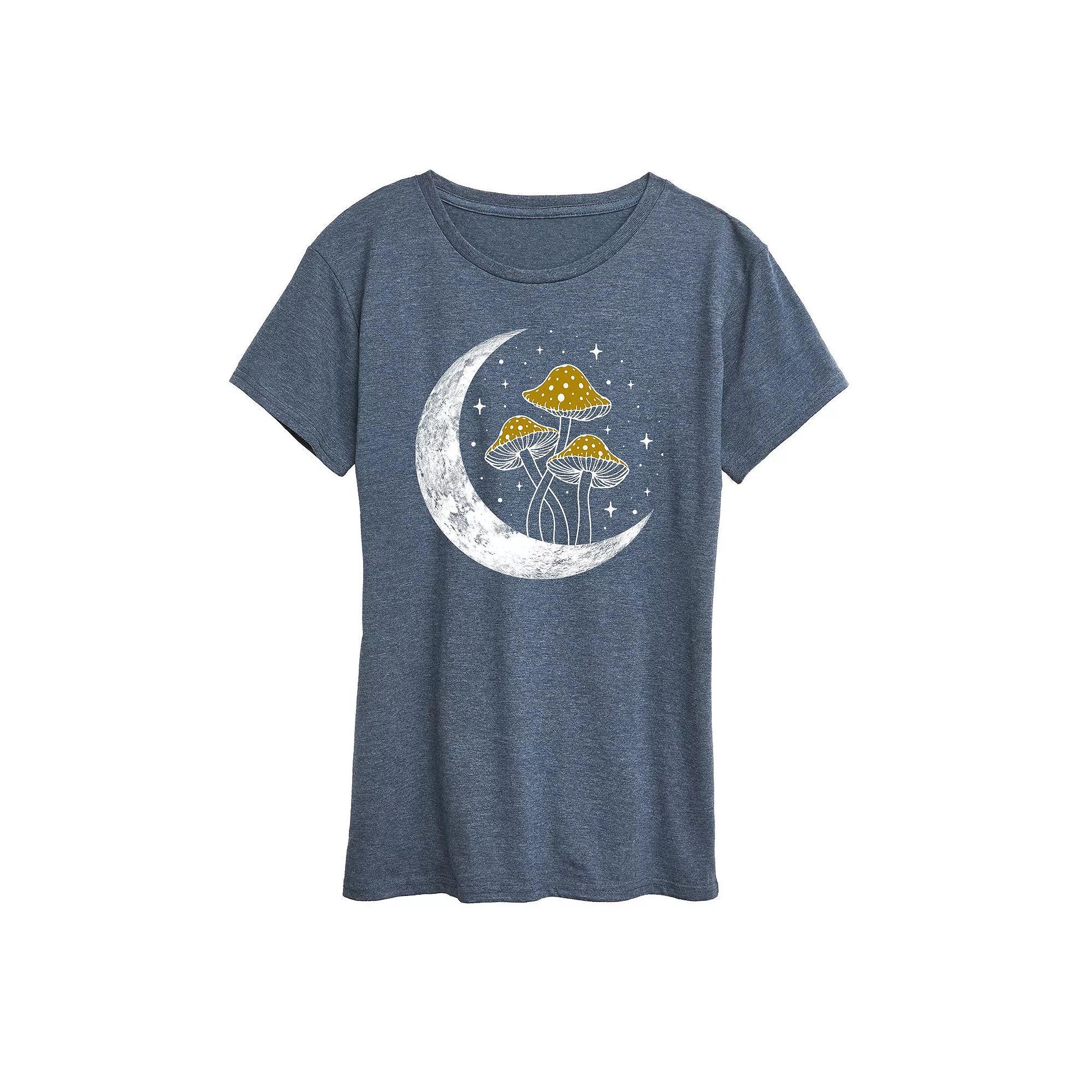 Womens Crescent Moon With Mushrooms Graphic Tee, Girls Grey Green Product Image