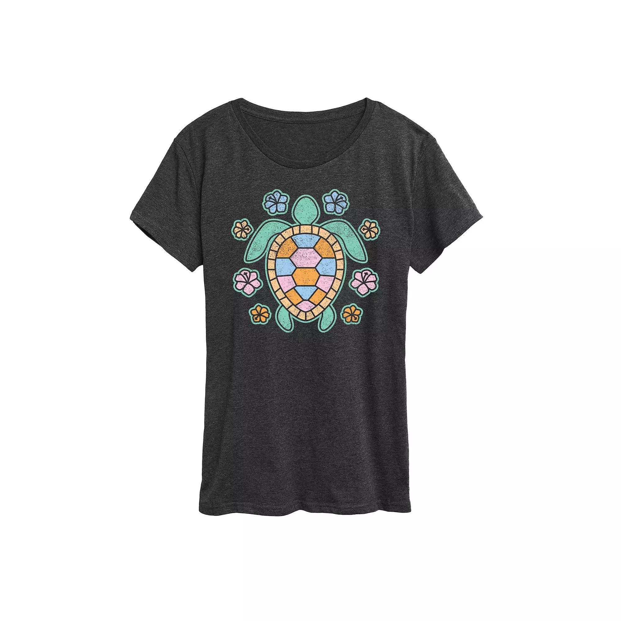 Women's Turtle And Flowers Graphic Tee, Size: Large, Grey Royal Blue Product Image