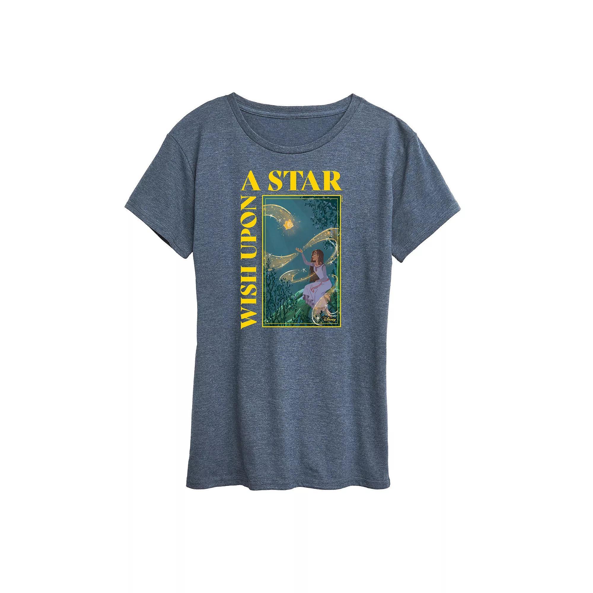 Disneys Wish Asha Womens Upon A Star Graphic Tee, Girls Grey Blue Product Image