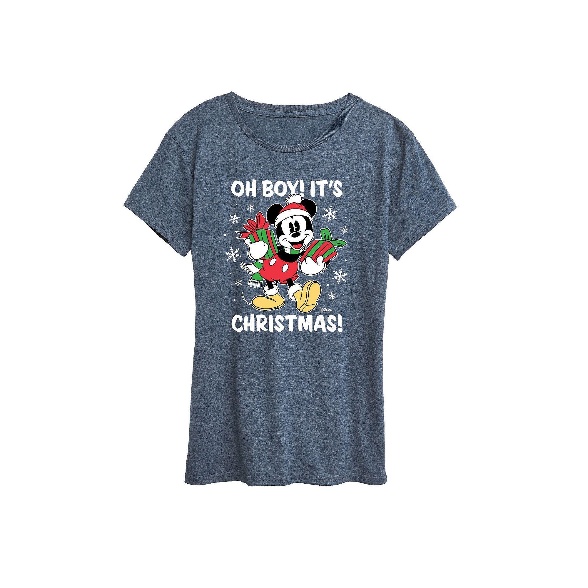 Disneys Mickey Mouse Womens Oh Boy Its Christmas Graphic Tee, Girls Grey Blue Product Image