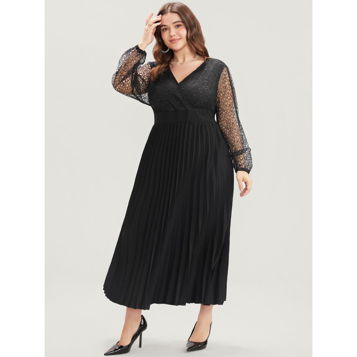 Plus Size Solid Lace Pocket Elastic Waist Surplice Neck Pleated Dress Black Women Glamour Wrap V-neck Long Sleeve Curvy Long Dress BloomChic 22-24/3X Product Image
