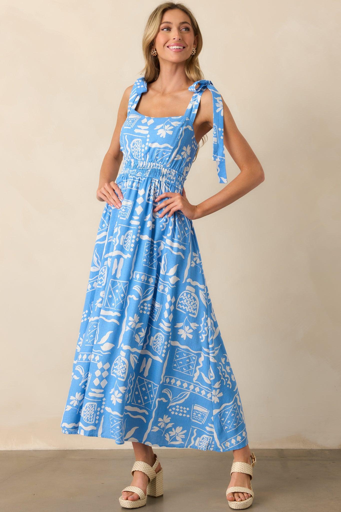 For The Fun Of It Blue Tropical Print Maxi Dress Product Image