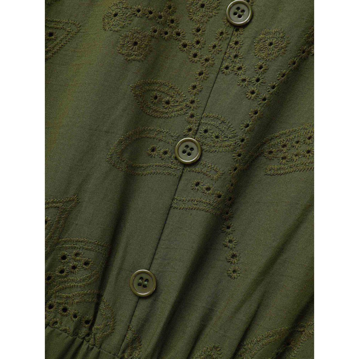 Plus Size Notched Broderie Anglaise Button Detail Dress ArmyGreen Women Elegant Button Notched collar Long Sleeve Curvy BloomChic 14-16/1X Product Image